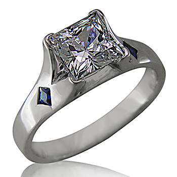 Style:ER422 ~ Princess cut diamond with two blue sapphires