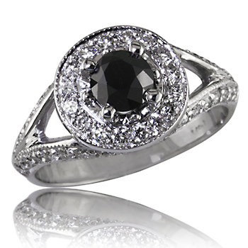 Style: ER421 ~ A classic halo style engagement ring with a twist: A center black diamond.