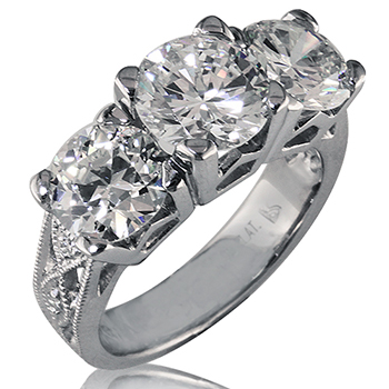 Style:LRT865 ~ A vintage inspired three stone diamond and platinum engagement ring.